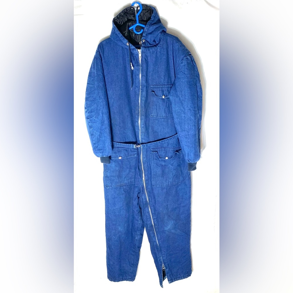 Vintage Nikaldi Rare Blue Denim Hooded Insulated Winter Jumpsuit Coveralls M